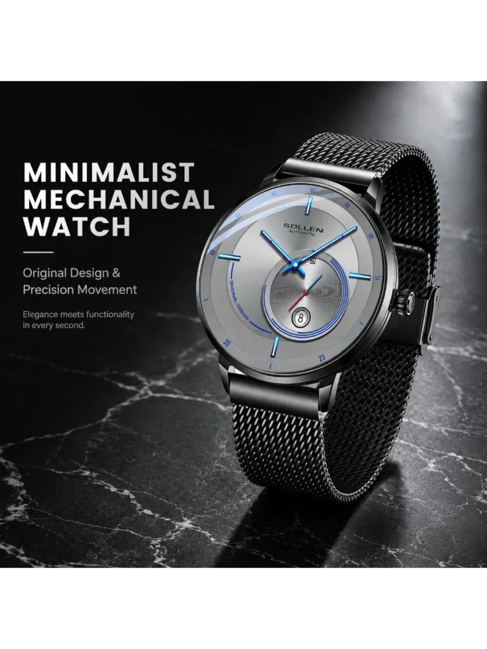 Men's Gray Automatic Mechanical Minimalist Dial Stainless Steel Luxury Watch